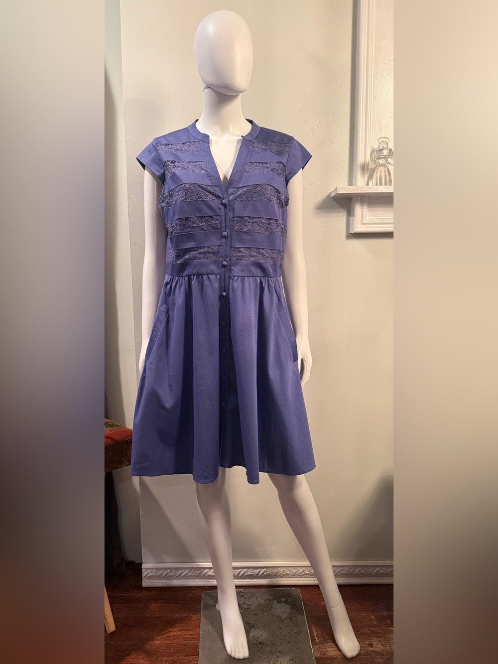 Cynthia Steffe Periwinkle Lace-Striped Button Front Midi Dress